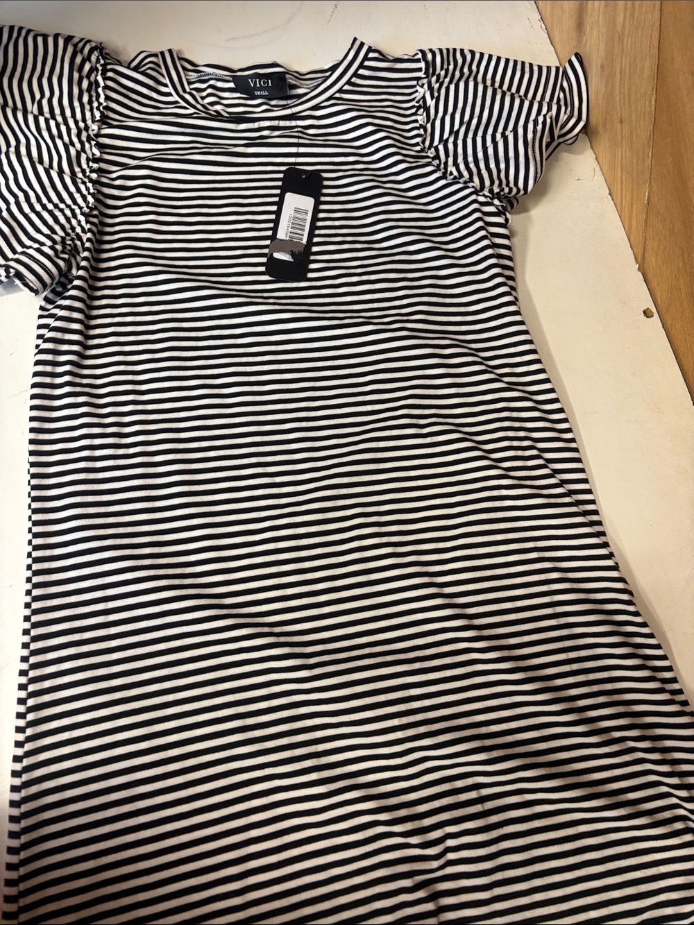 VICI Black & White Striped Puff Sleeve Mini Dress